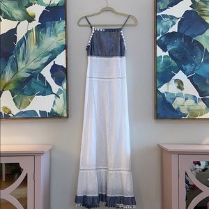 NWT White Chambray Blue Pom Pom Maxi Dress Small